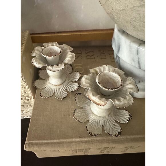 White metal floral taper candle holders distressed primitive pair cottage set - Picture 3 of 10